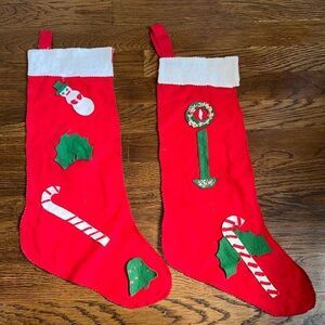 2 vintage craft large red felt decorated‎ Christmas stockings